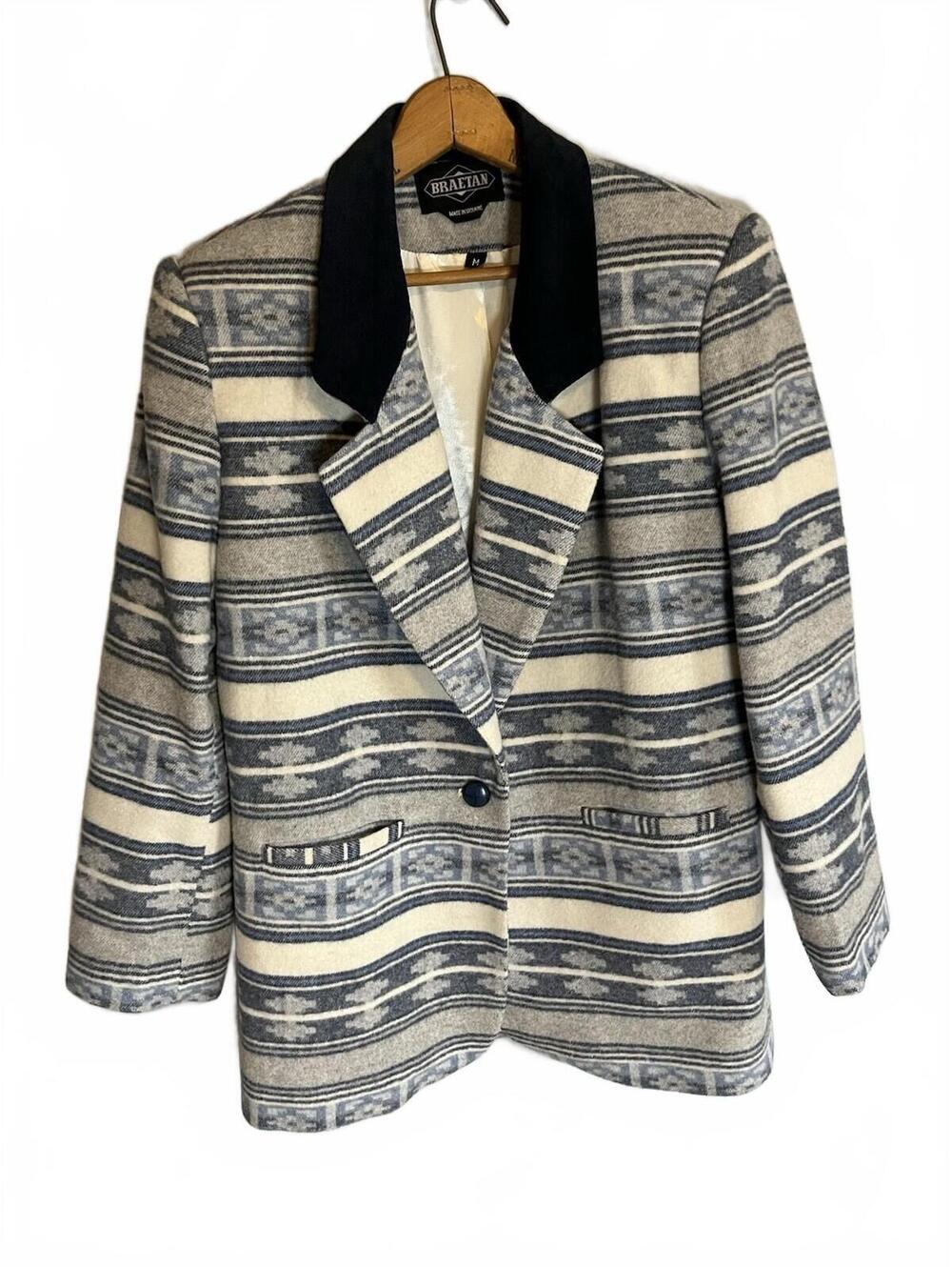Vintage Braetan Wool Jacket  M Suede Blue Collar Blazer Aztec Southwestern